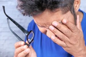 Man holding glasses and covering eyes — loss of vision after work accident in Bakersfield.