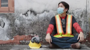 Construction worker in safety vest and mask sitting by wall, hard hat nearby — exposed to toxic chemicals at work.
